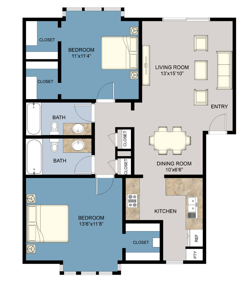 Floor plan for 2 beds, 2 baths, 1000 sqft